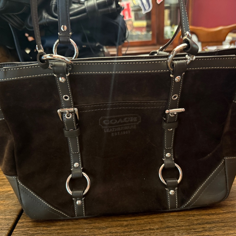 Coach Dark Brown and Black Suede Tote